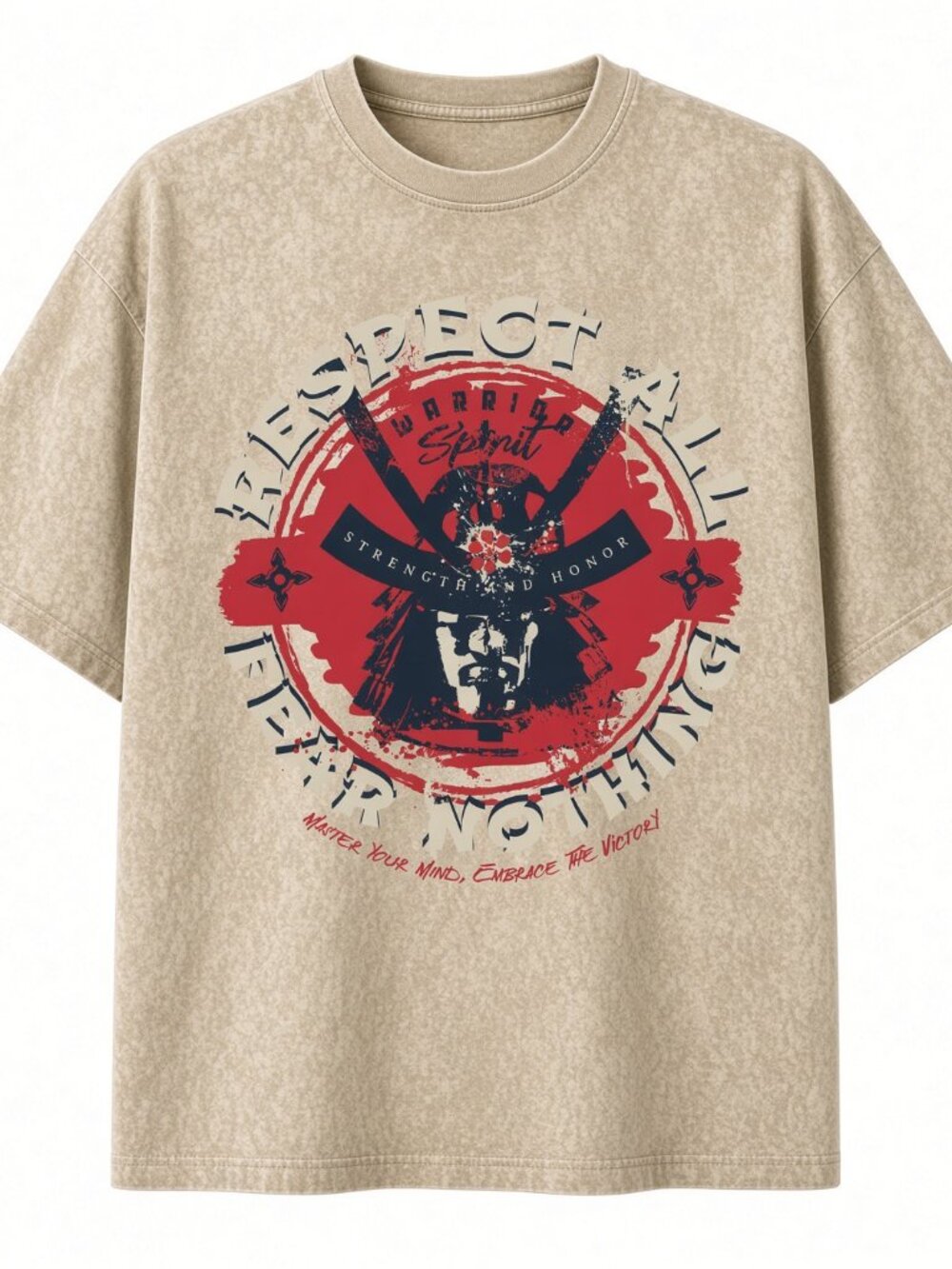 Samurai Warrior Spirit Graphic Tee Oversized Streetwear Washed Beige Men 1X